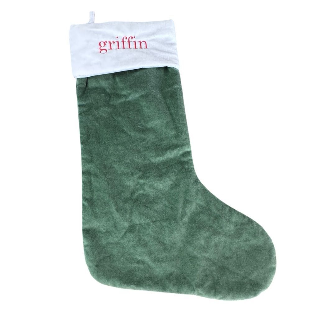 Griffin West Elm Green Velvet Large Holiday Christmas Stocking Monogrammed NEW